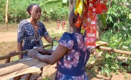 A YouBelong Social Worker interacts with 'Damalie' at her Roadside stall during a Postdischarge visit